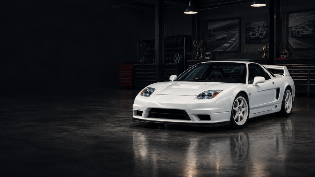 2002 Honda NSX-R: original illustrative editorial artwork, not a photograph of an individual vehicle.
