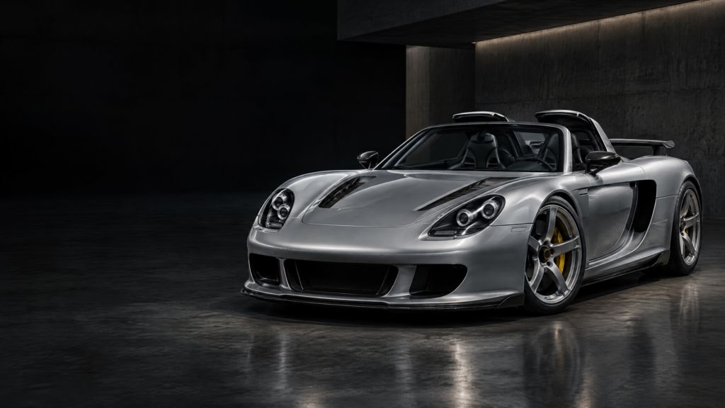 2005 Porsche Carrera GT: original illustrative editorial artwork, not a photograph of an individual vehicle.