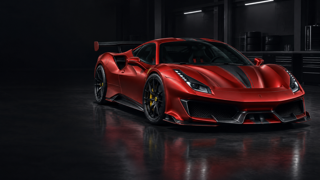 2020 Ferrari 488 Pista: original illustrative editorial artwork, not a photograph of an individual vehicle.