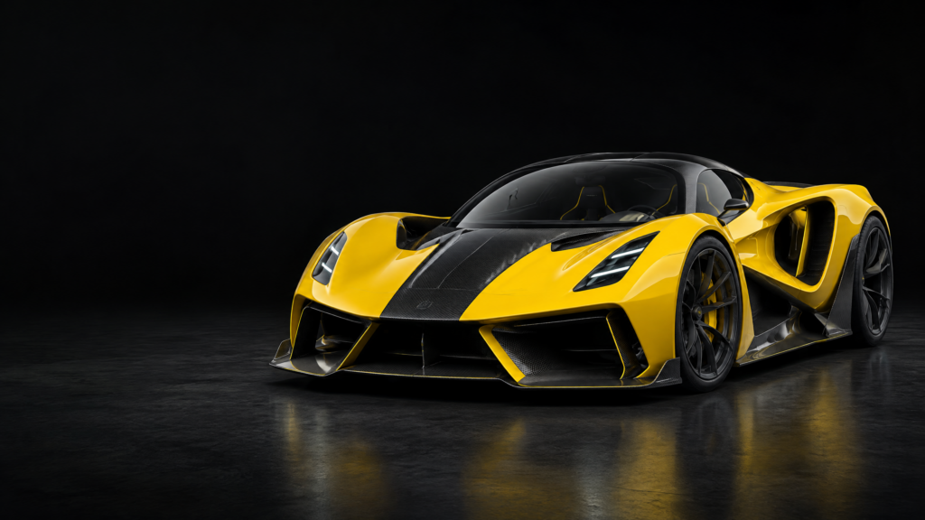 2024 Lotus Evija: original illustrative editorial artwork, not a photograph of an individual vehicle.
